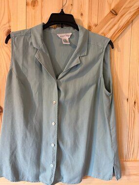 August Silk 100% Silk Blouse XL Light Blue Sleeveless Button Front Collared Top